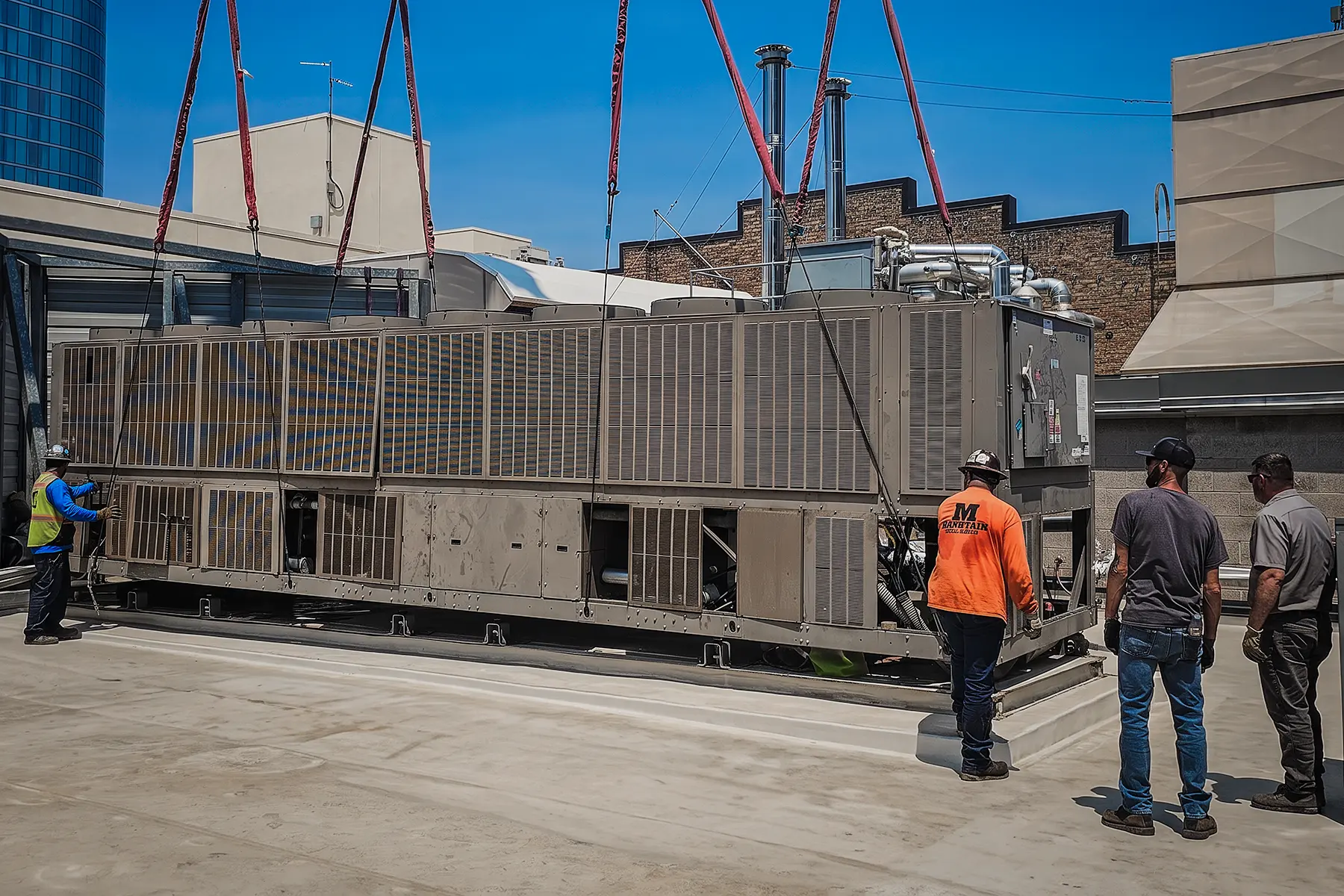 Commercial HVAC Retrofit in an Operating Building Zion Engineering crew coordinating commercial HVAC retrofit equipment replacement in an operating building